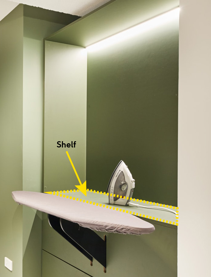Does the unit has an accessible shelf for storing the iron when not in use?