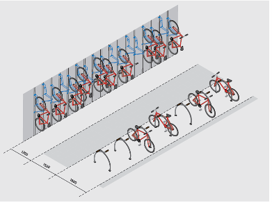 Are aisle widths at least 2m for double-tier bike racks, and 1.5m for everything else?( See graphics for example).