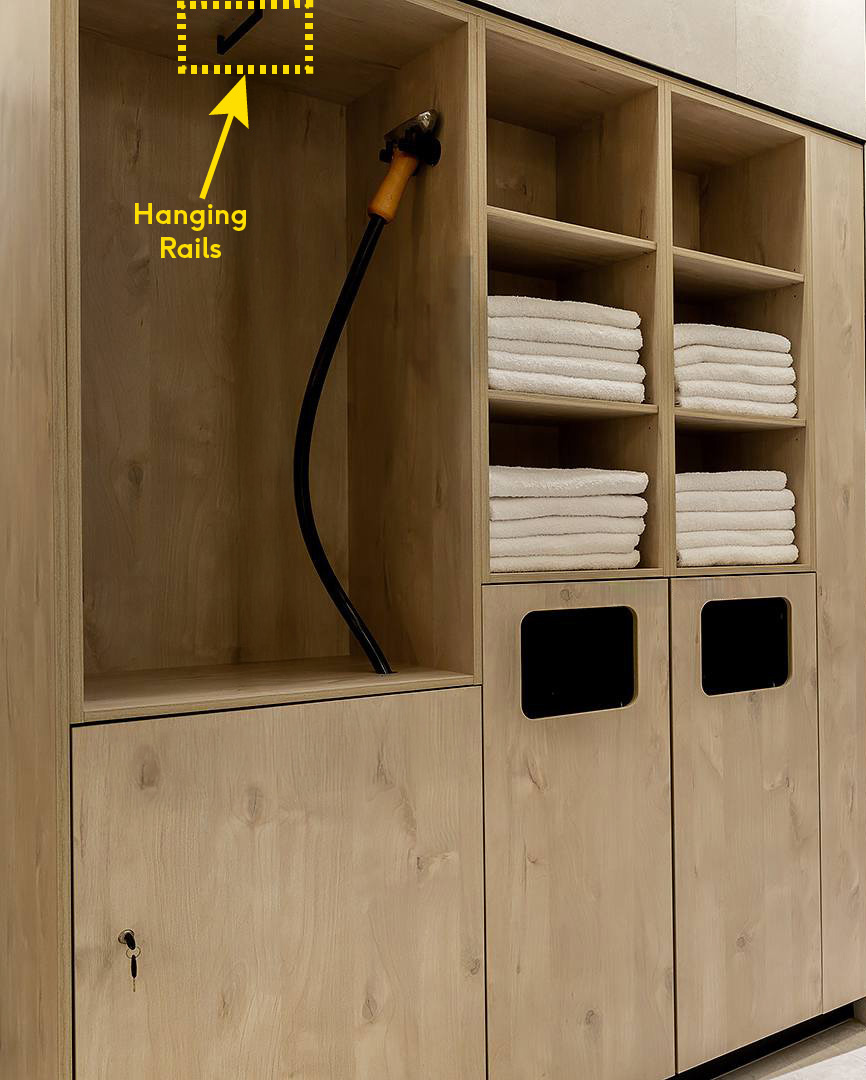 Have rails or hooks been installed to support garment hanging? They should be positioned centrally and perpendicular to ensure accessibility and flexibility.