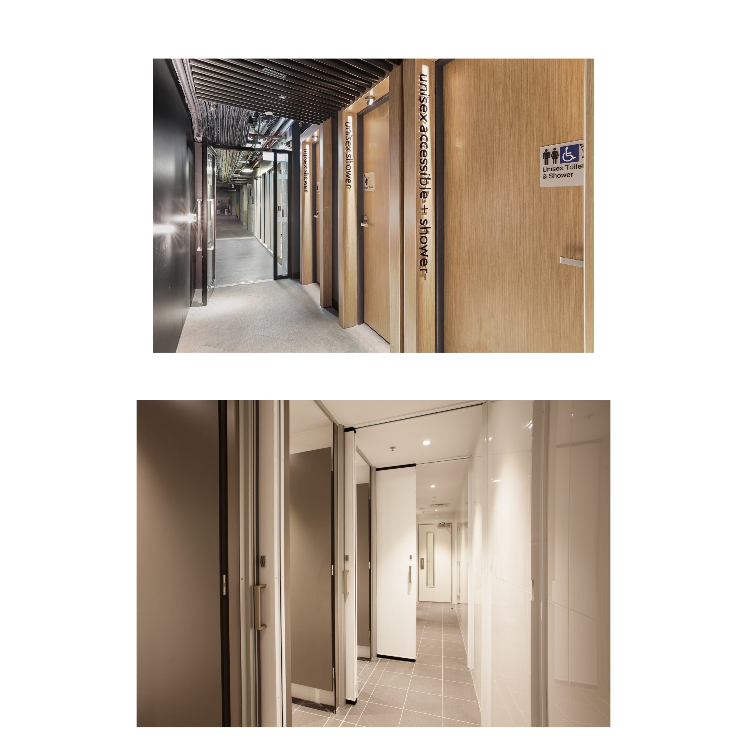 Accessible showers labelled as unisex OR cavity sliders between male and female showers
