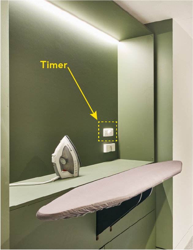 Does the unit include a timer switch which powers the iron off after a specified time, located at an accessible height of around 1100mm from the ground.