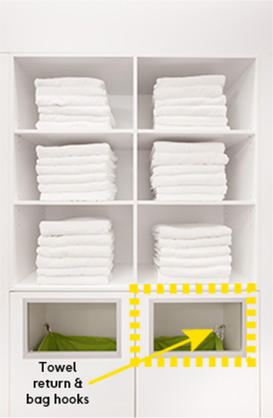 Do the units have built in towel return with hooks to hold the laundry bags at a minimum Height of 770mm.