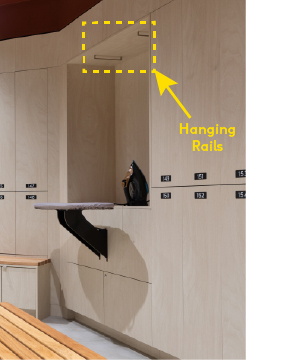 Have rails or hooks been installed to support garment hanging? They should be positioned centrally and perpendicular to ensure accessibility and flexibility.